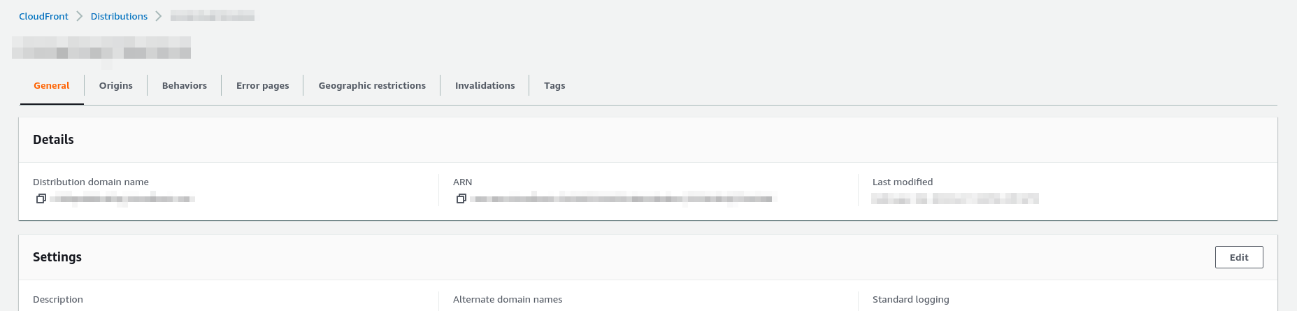 Cloudfront distributions page