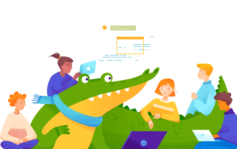 Software developers accompanied by a crocodile